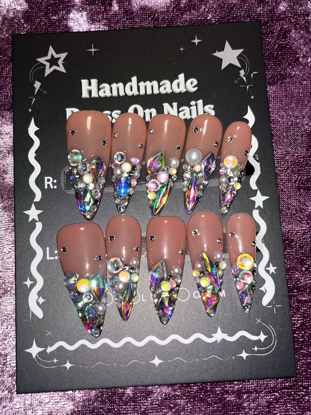 Handmade Mauve Stiletto Press-On Nails with Iridescent Crystal Accents